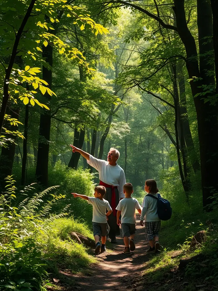 A photograph capturing SAINT HUBERT D'ANGLARS members leading a guided nature walk for local school children, educating them about wildlife and conservation.