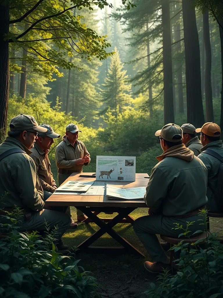 An image showing a group of hunters from SAINT HUBERT D'ANGLARS attending a workshop on sustainable hunting practices and ethical game management.