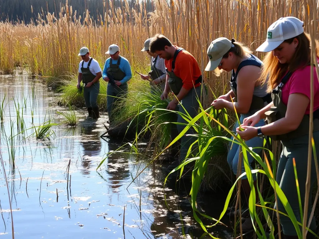 A group of volunteers participating in a habitat restoration project, planting native trees and shrubs to enhance biodiversity.