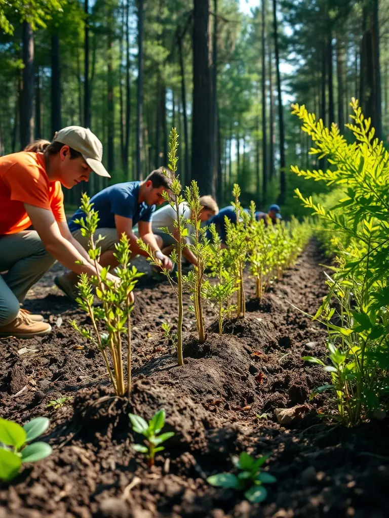 A photograph depicting members of SAINT HUBERT D'ANGLARS participating in a habitat restoration project, planting native trees and shrubs to improve wildlife habitat.